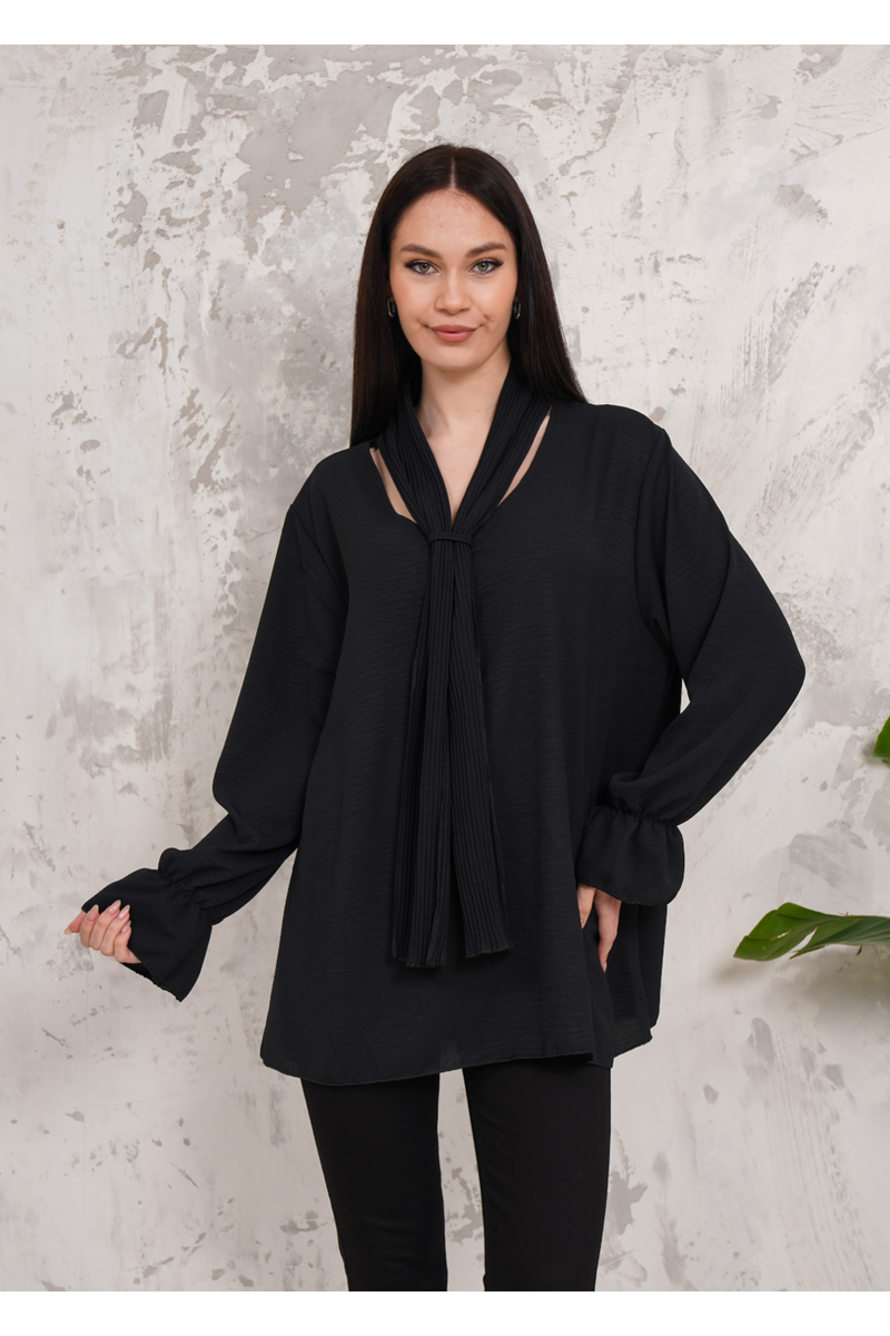 Oversized Pleated Tie Neck Long Bell Sleeves Blouse in Black