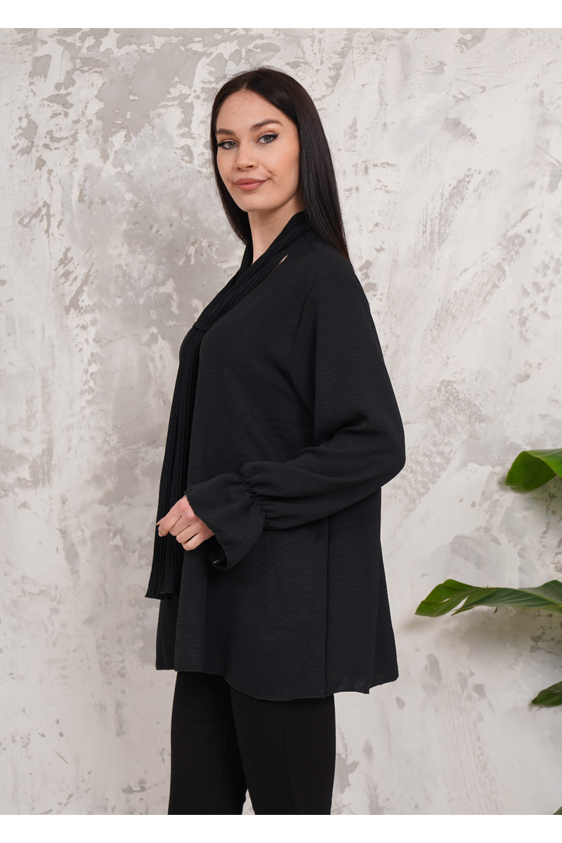 Oversized Pleated Tie Neck Long Bell Sleeves Blouse in Black