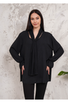 Oversized Pleated Tie Neck Long Bell Sleeves Blouse in Black