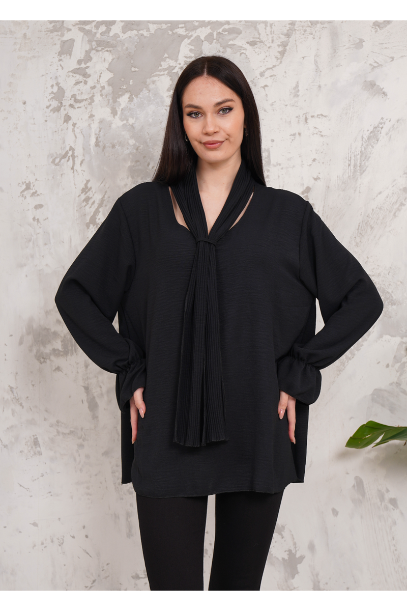 Oversized Pleated Tie Neck Long Bell Sleeves Blouse in Black