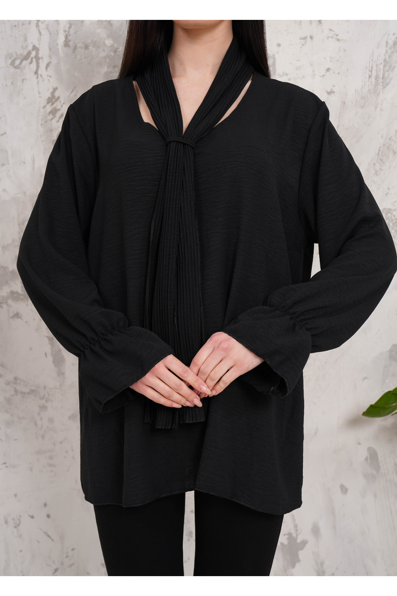 Oversized Pleated Tie Neck Long Bell Sleeves Blouse in Black