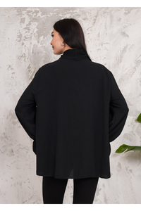 Oversized Pleated Tie Neck Long Bell Sleeves Blouse in Black