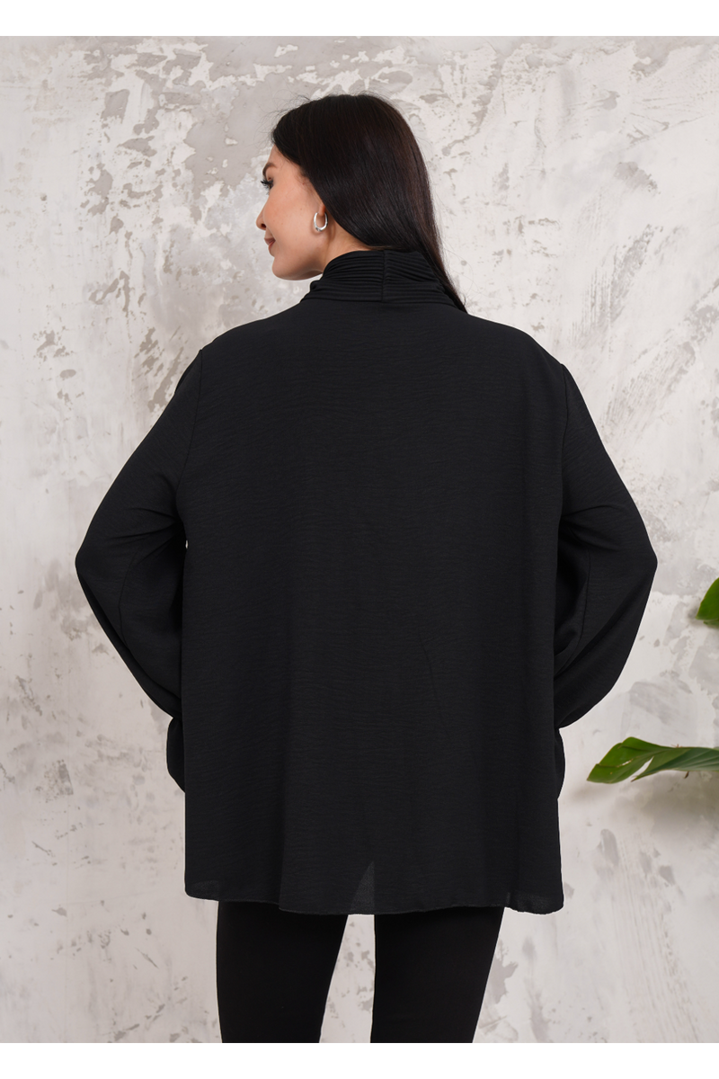 Oversized Pleated Tie Neck Long Bell Sleeves Blouse in Black