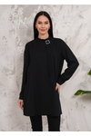 Relaxed Fit Long Sleeves Brooch Detailed Tunic in Black