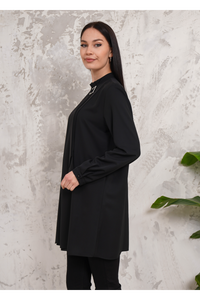 Relaxed Fit Long Sleeves Brooch Detailed Tunic in Black