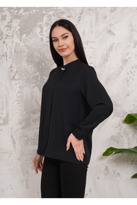 Relaxed Fit Long Sleeves Brooch Detailed Blouse in Black