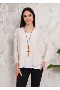 Oversized Long Sleeves Double Layered Top in Beige