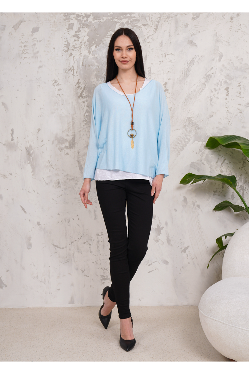 Oversized Long Sleeves Double Layered Top in Light Blue