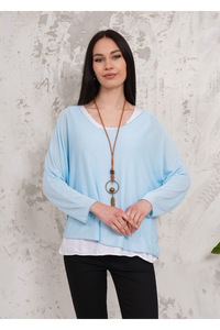 Oversized Long Sleeves Double Layered Top in Light Blue