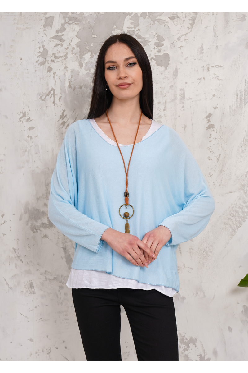 Oversized Long Sleeves Double Layered Top in Light Blue