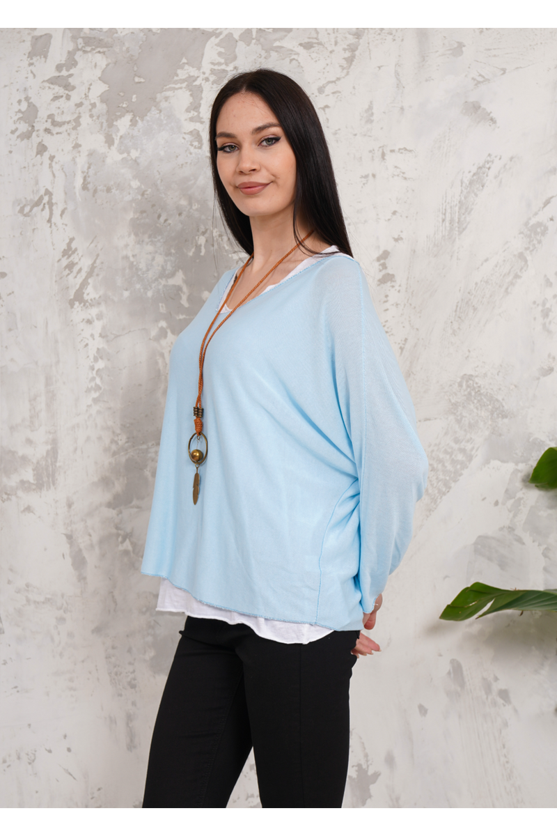 Oversized Long Sleeves Double Layered Top in Light Blue