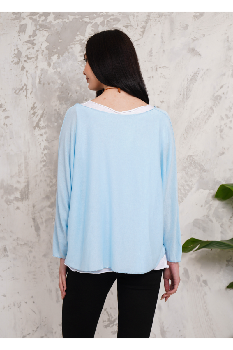 Oversized Long Sleeves Layered Blouse With Necklace In Light Blue And White