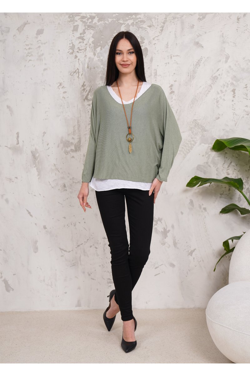 Oversized Long Sleeves Double Layered Top in Green