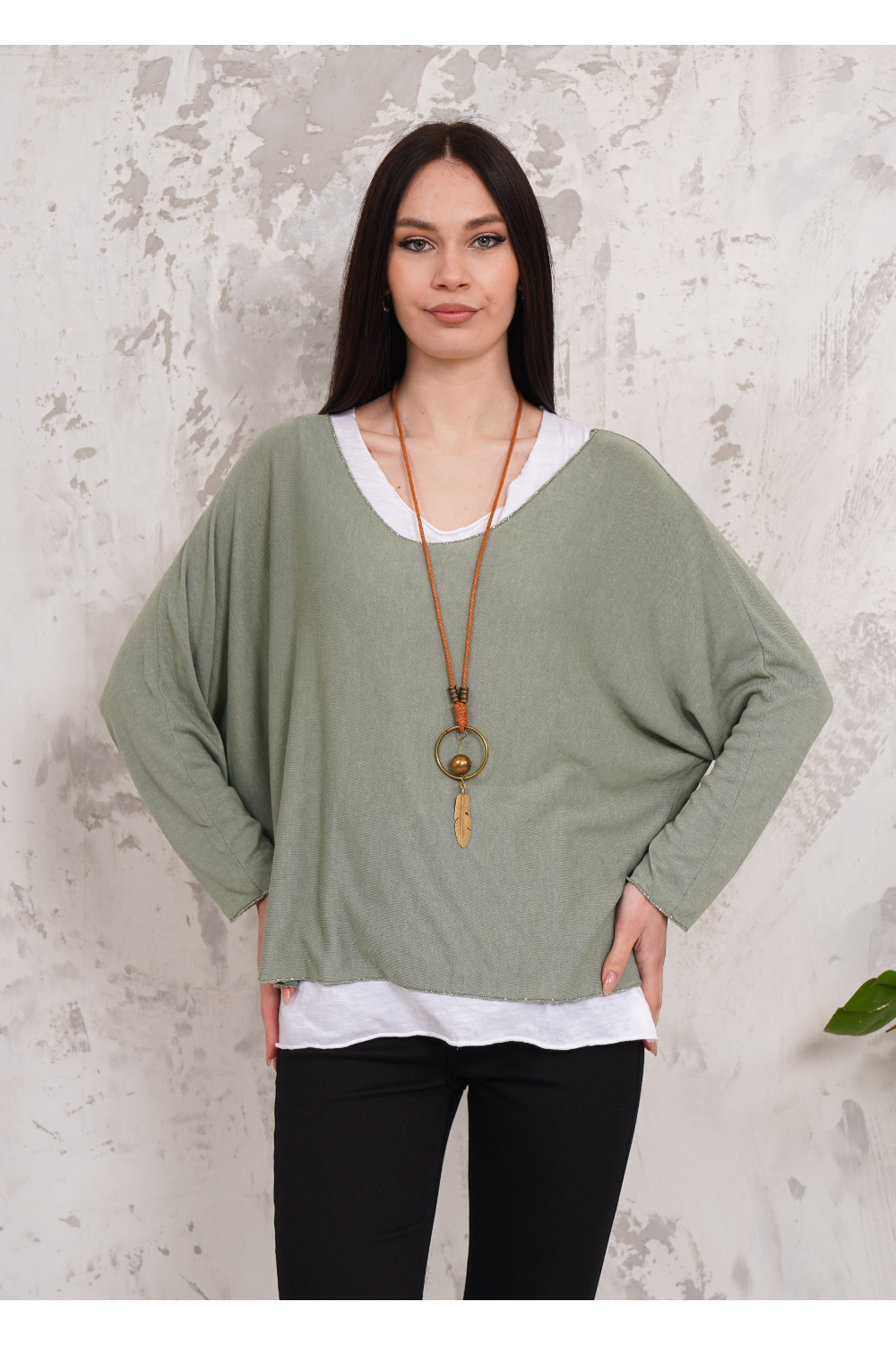 Oversized Long Sleeves Double Layered Top in Green