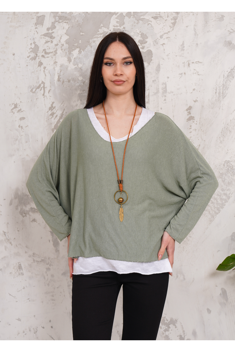 Oversized Long Sleeves Double Layered Top in Green