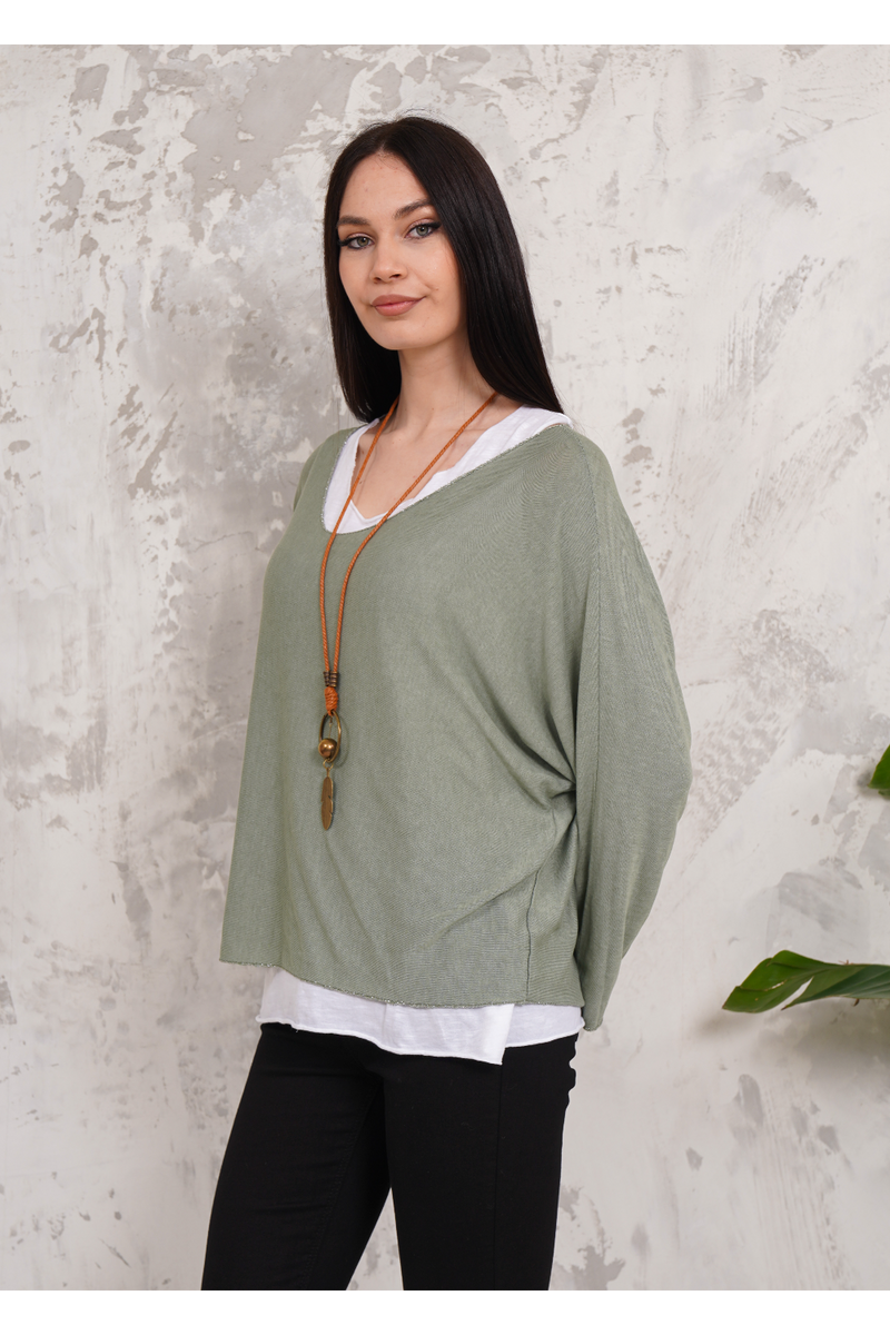 Oversized Long Sleeves Double Layered Top in Green
