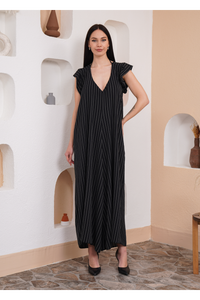 Oversized V Neck Stripe Printed Jumpsuit with Frill Details in Black