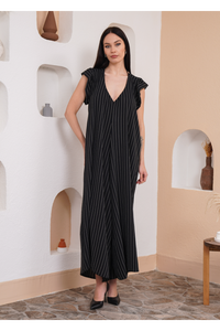 Oversized V Neck Stripe Printed Jumpsuit with Frill Details in Black