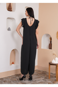 Oversized V Neck Stripe Printed Jumpsuit with Frill Details in Black