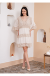 Relaxed Fit 3/4 Sleeves Lace Detailed V Neck Mini Dress in Beige