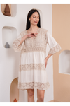 Relaxed Fit 3/4 Sleeves Lace Detailed V Neck Mini Dress in Beige