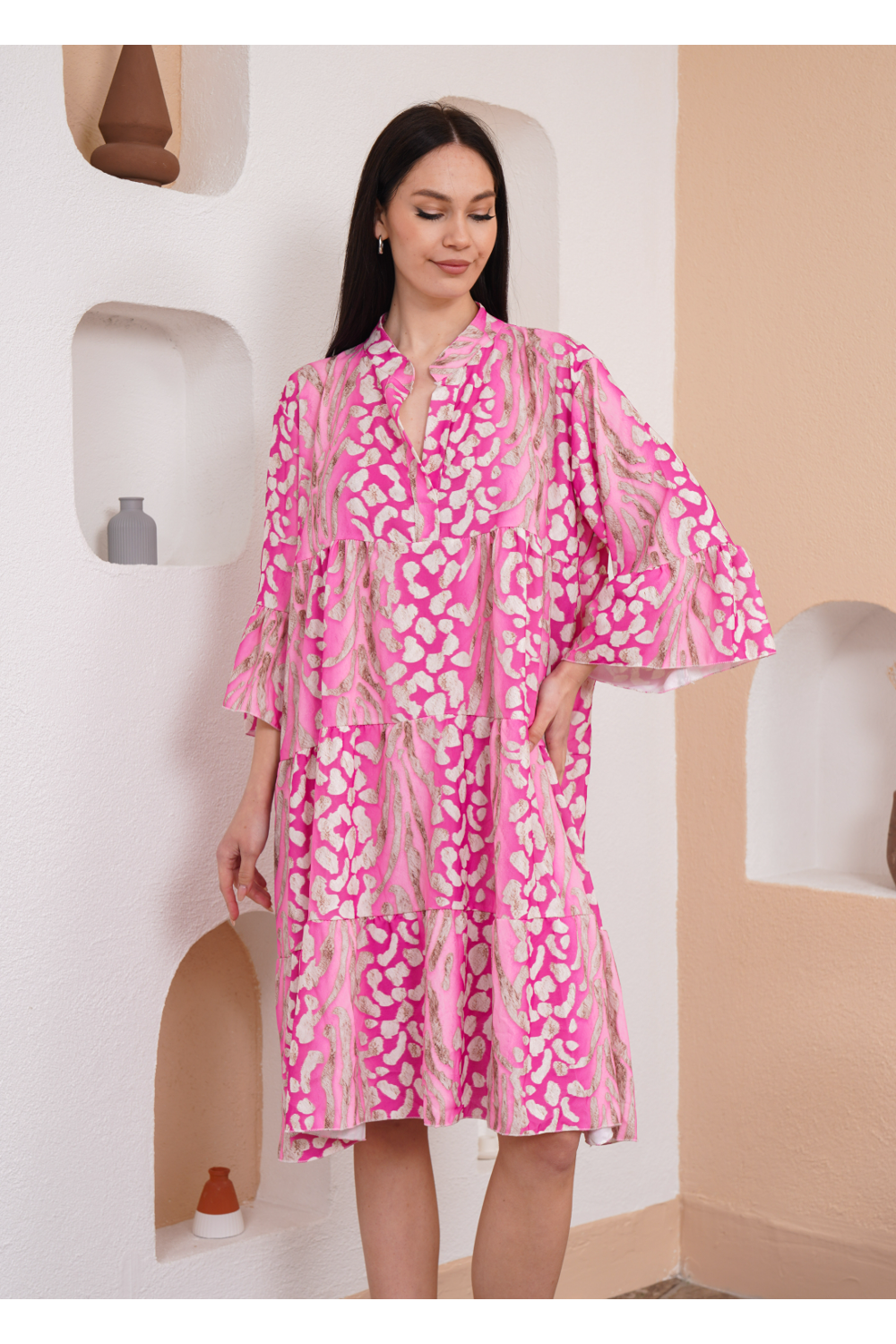 Oversized 3/4 Sleeves Leopard Printed Smock Dress in Pink