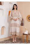 Relaxed Fit 3/4 Sleeves Lace Detailed V Neck Maxi Dress in Beige