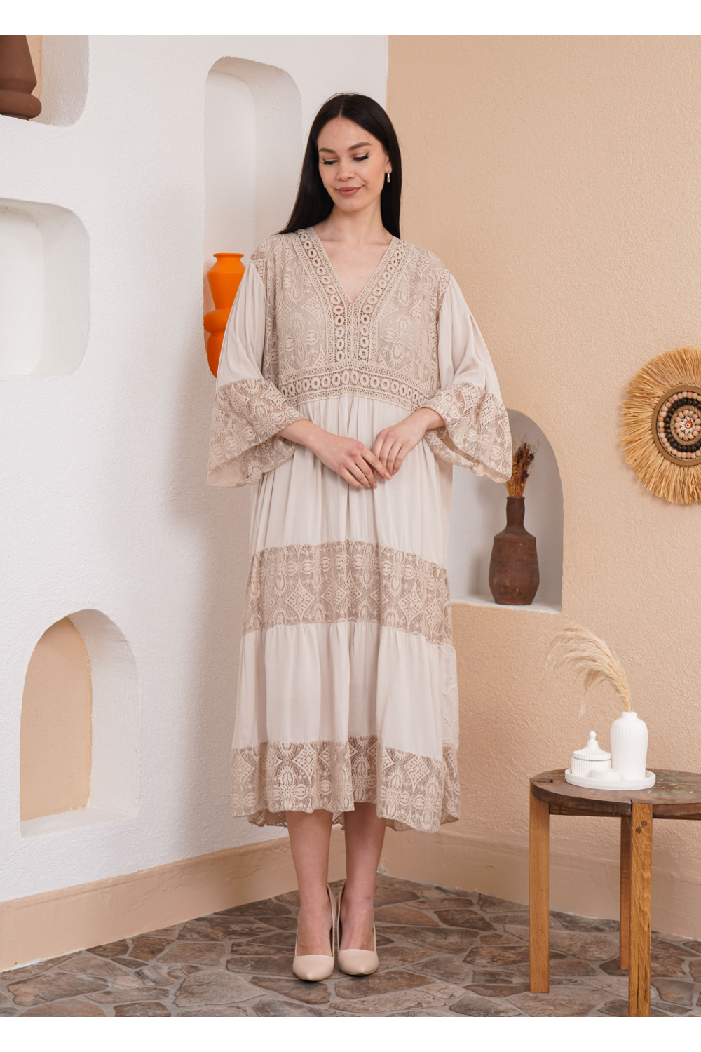 Relaxed Fit 3/4 Sleeves Lace Detailed V Neck Maxi Dress in Beige