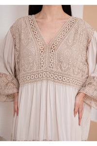 Relaxed Fit 3/4 Sleeves Lace Detailed V Neck Maxi Dress in Beige