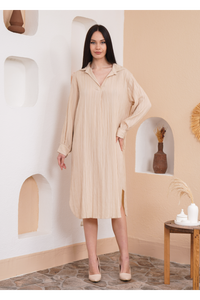 Oversized Shirt Dress with Long Sleeves in Beige