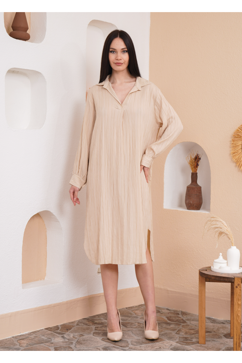 Oversized Shirt Dress with Long Sleeves in Beige