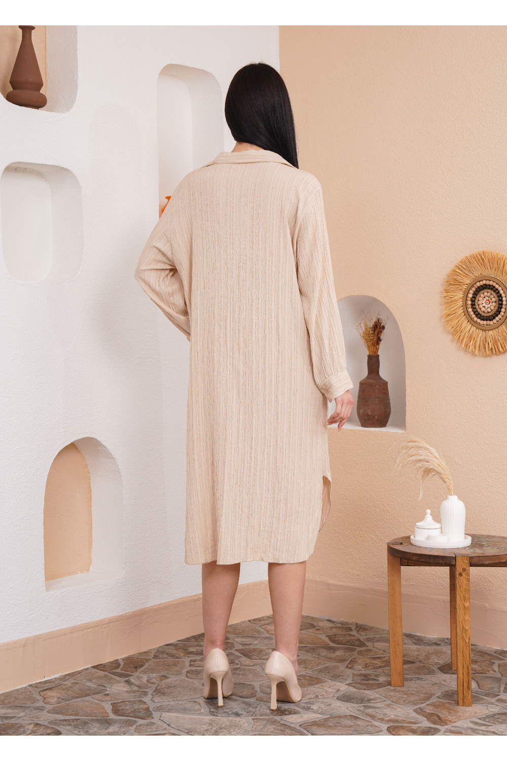 Oversized Shirt Dress with Long Sleeves in Beige