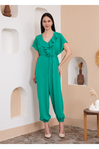 Oversized Short Sleeves Frilled Front Jumpsuit in Green