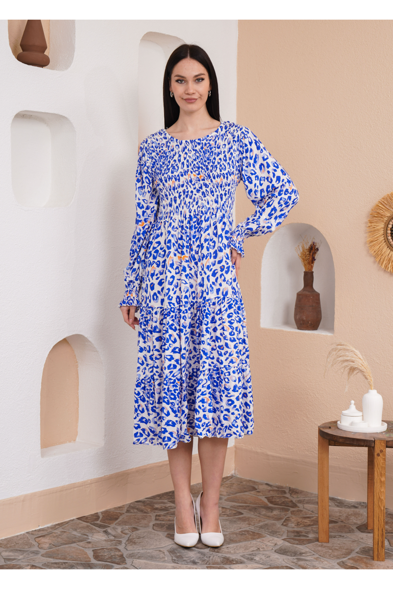 Relaxed Fit Round Neck Long Sleeves Leopard Printed Shirred Detailed Dress in Navy