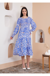 Relaxed Fit Round Neck Long Sleeves Leopard Printed Shirred Detailed Dress in Navy