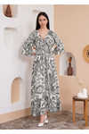 Oversized V Neck Shirred Waist Floral Print Maxi Dress in Khaki