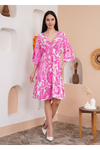 Oversized V Neck Shirred Waist Floral Print Mini Dress in Pink