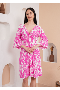 Oversized V Neck Shirred Waist Floral Print Mini Dress in Pink