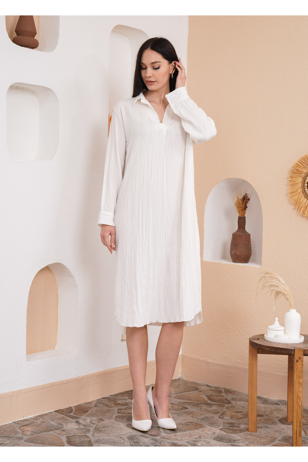 Oversized Shirt Dress with Long Sleeves in White
