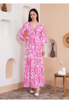 Oversized V Neck Shirred Waist Floral Print Maxi Dress in Pink