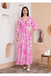 Oversized V Neck Shirred Waist Floral Print Maxi Dress in Pink