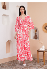 Oversized V Neck Shirred Waist Floral Print Maxi Dress in Coral