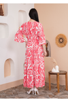 Oversized V Neck Shirred Waist Floral Print Maxi Dress in Coral