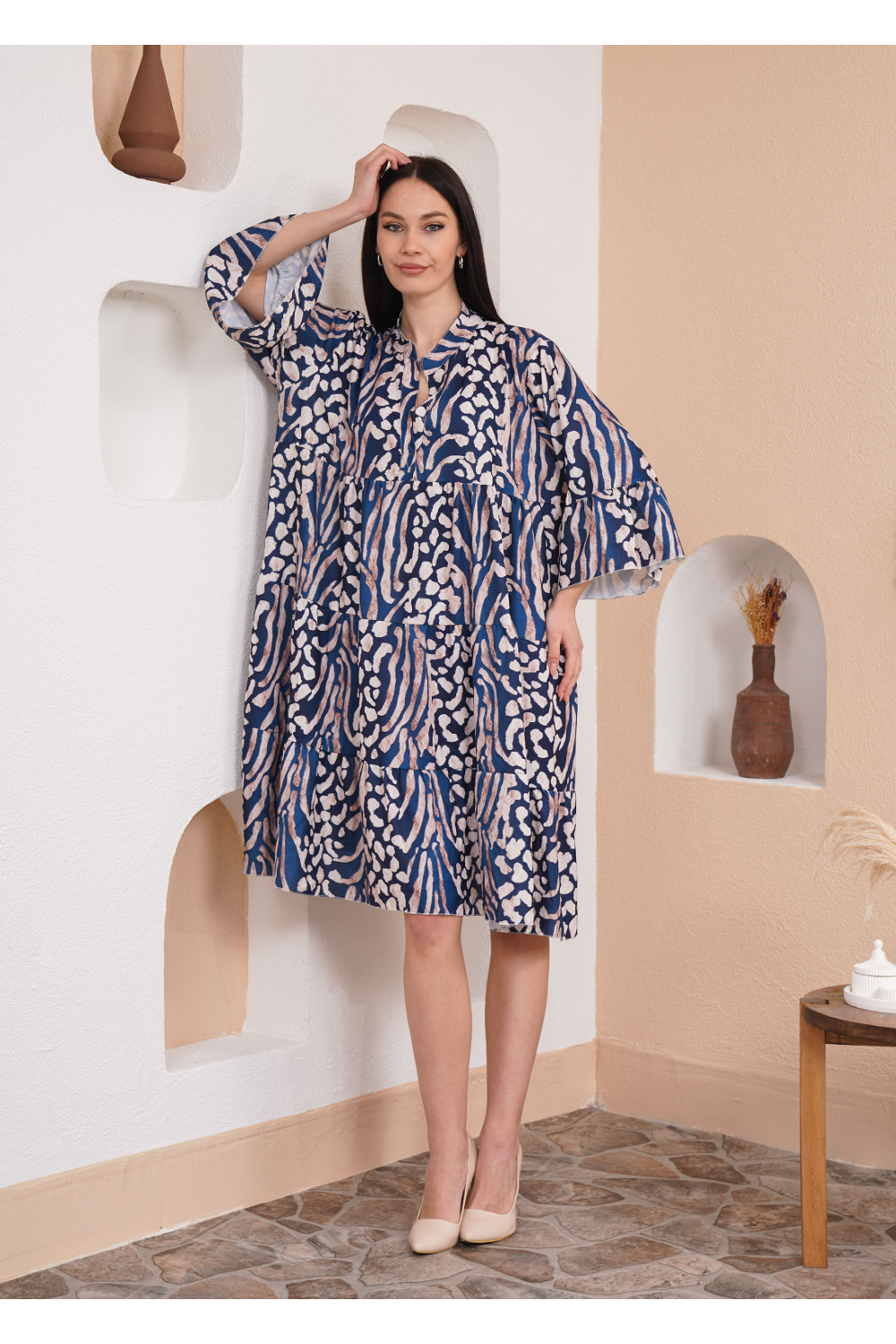 Oversized 3/4 Sleeves Leopard Printed Smock Dress in Navy