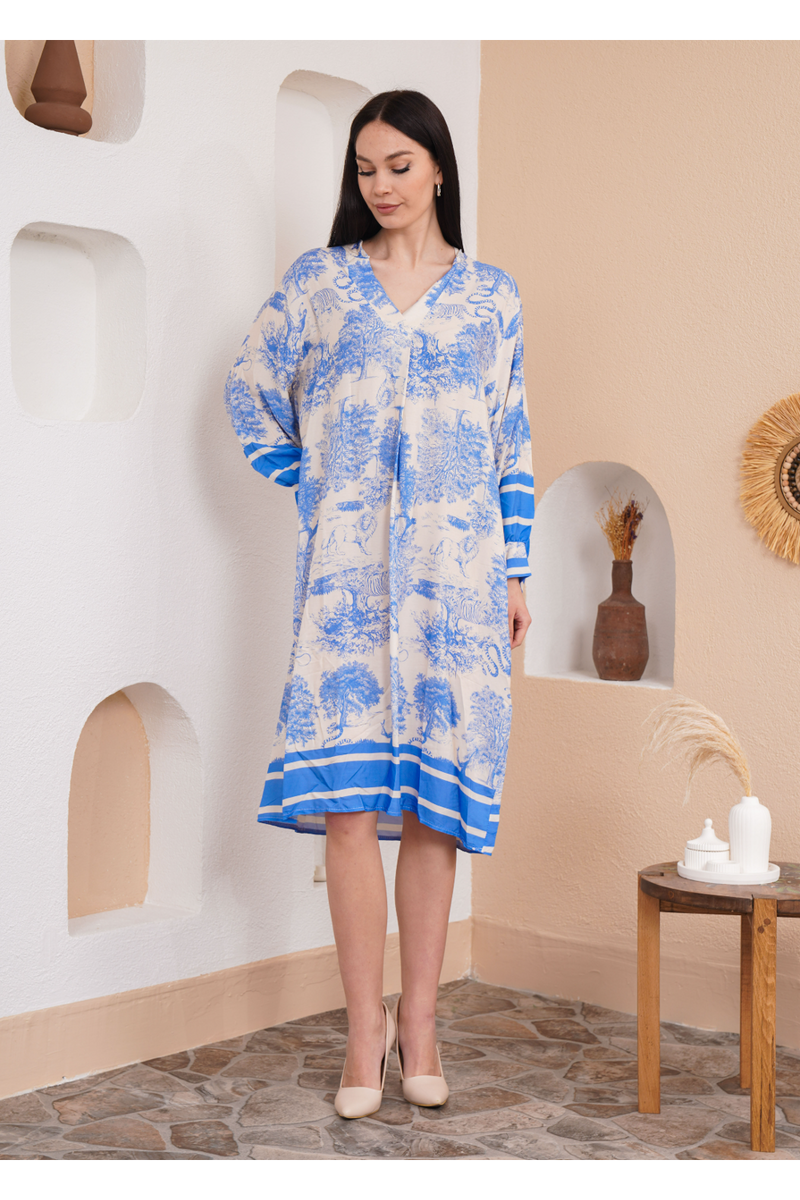 Oversized Long Sleeves Animal Printed Midi Dress in Blue