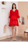 Relaxed Fit 3/4 Sleeves Lace Detailed V Neck Mini Dress in Red