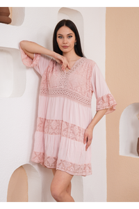 Relaxed Fit 3/4 Sleeves Lace Detailed V Neck Mini Dress in Pink