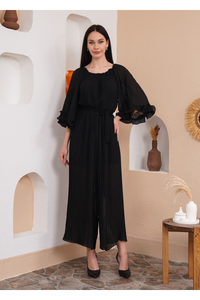 Oversized Wide Sleeves Pleated Jumpsuit with Belt Detail in Black