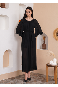 Oversized Wide Sleeves Pleated Jumpsuit with Belt Detail in Black