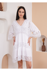 Relaxed Fit 3/4 Sleeves Lace Detailed V Neck Mini Dress in White